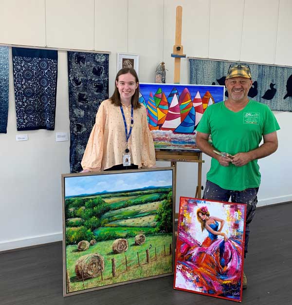 Council’s Youth Engagement Officer Chelsea Sharp is pictured here with Gavan Serle from GavArt at the Colac Makers’ Space displaying three pieces of Gavan’s artwork. 